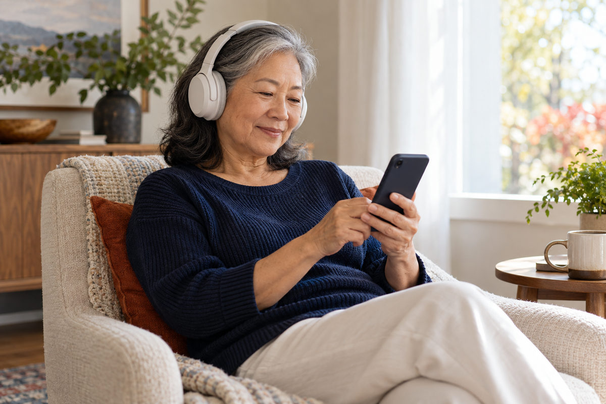 Older woman wearing over-ear headphones while looking at her phone.
