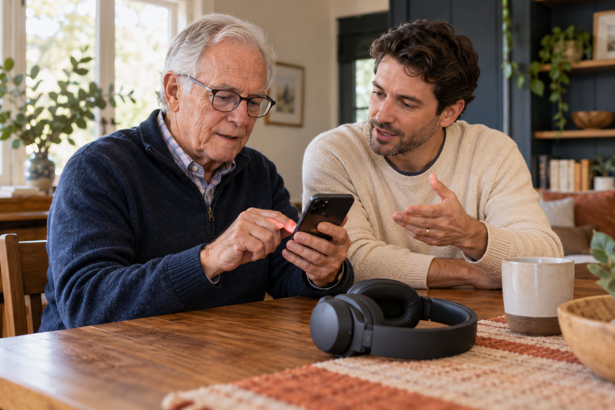 Older father using a phone beside his adult son with headphones on the table.