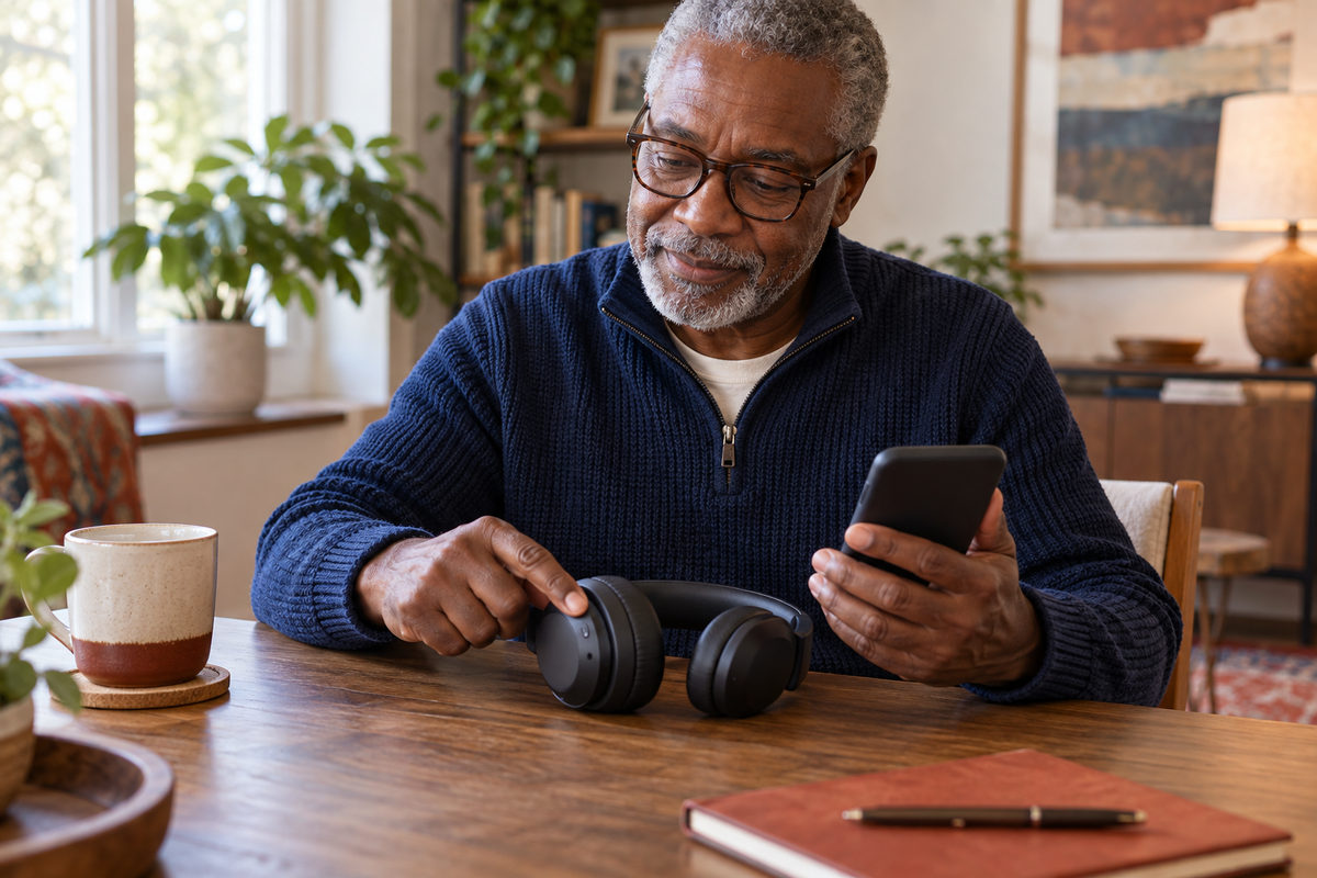 Older man holding a phone and pointing to an over-ear headphone earcup.