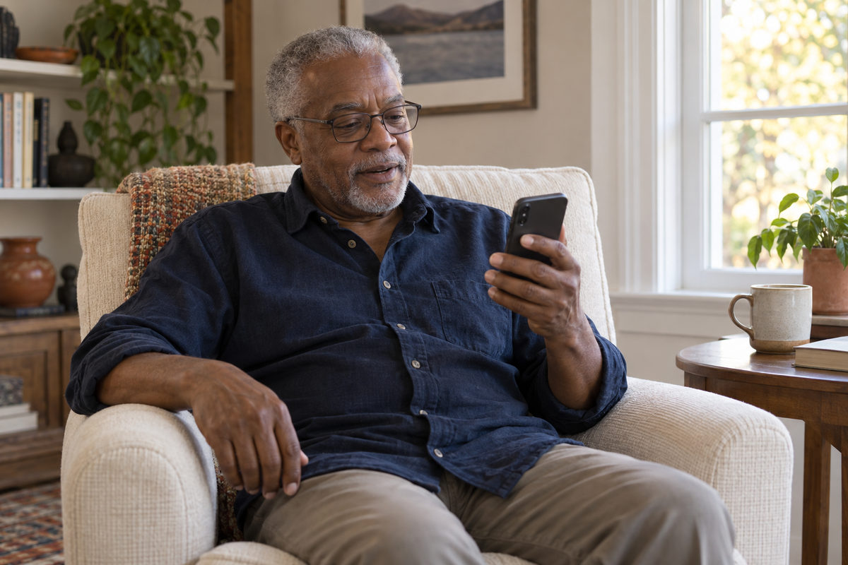 An older man with reading glasses looking at a phone held comfortably in front of him at home.
