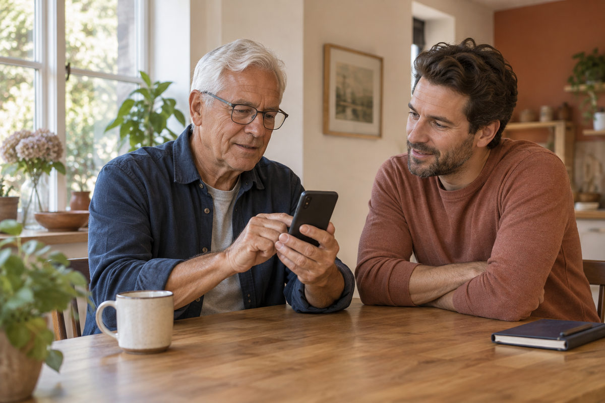 An older man reading his phone while a family member sits beside him.