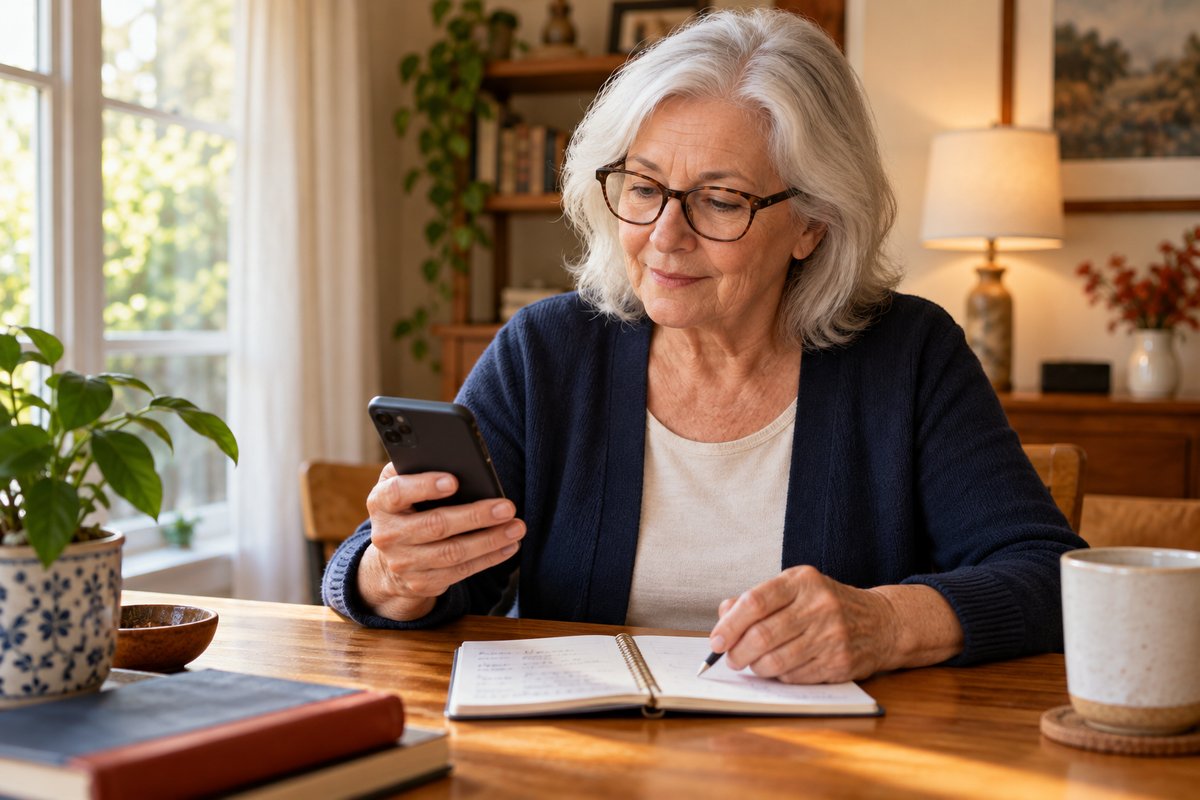 An older woman checks her phone beside an open address notebook.