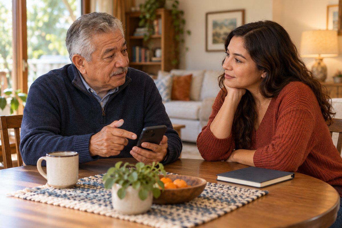 An older father and his adult daughter choose contacts together at a table.