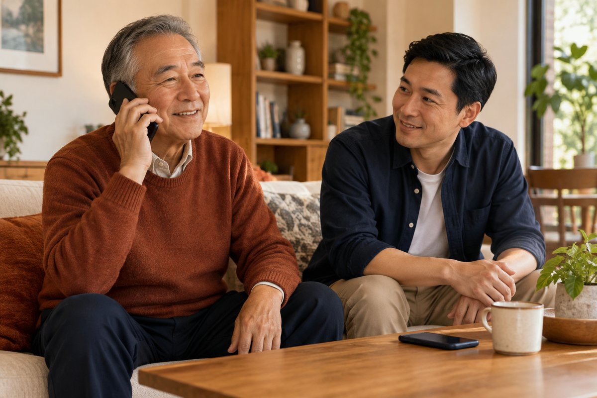 An older father makes a phone call while his adult son sits nearby.