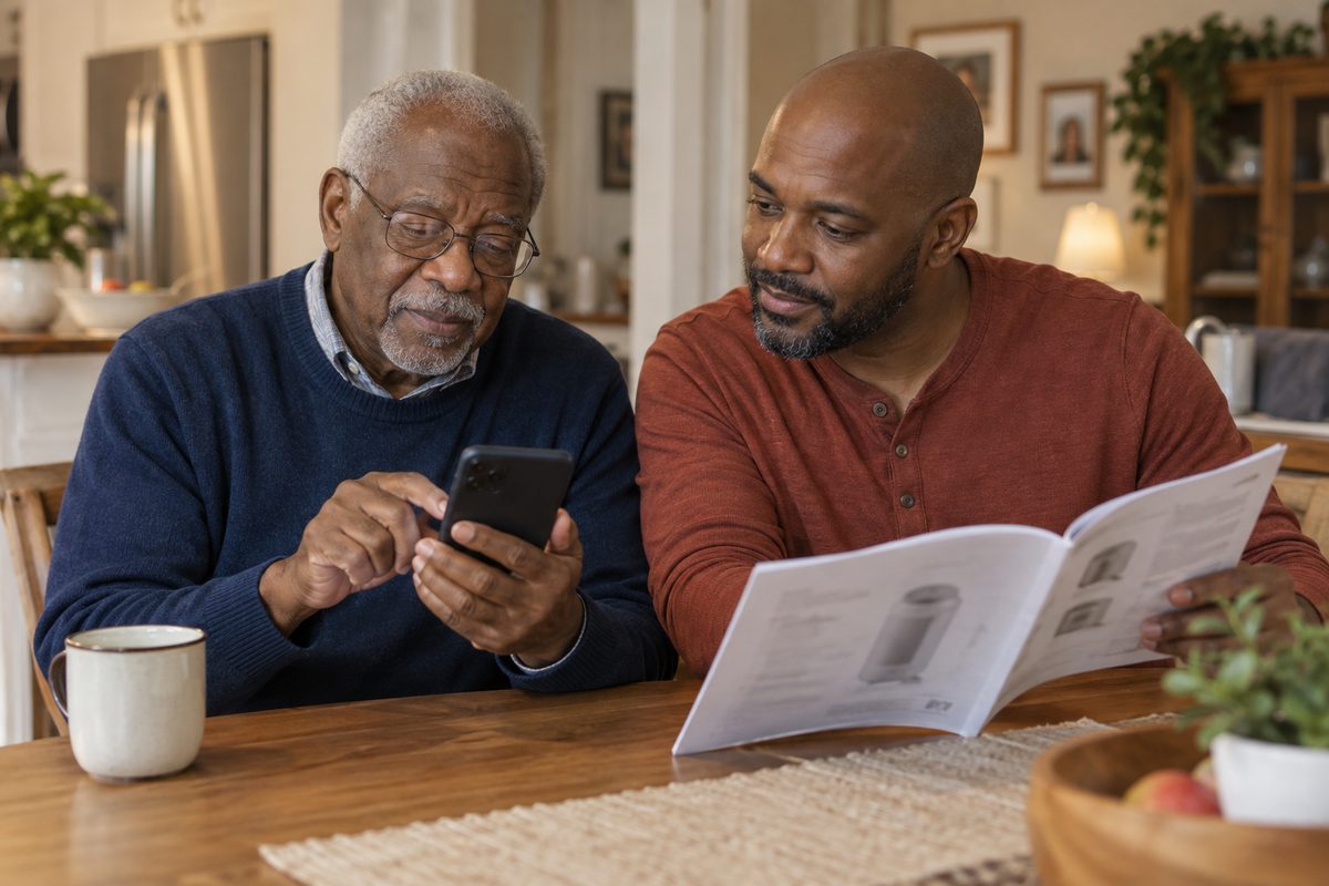 An older man operates his phone while a family member holds printed appliance instructions nearby.