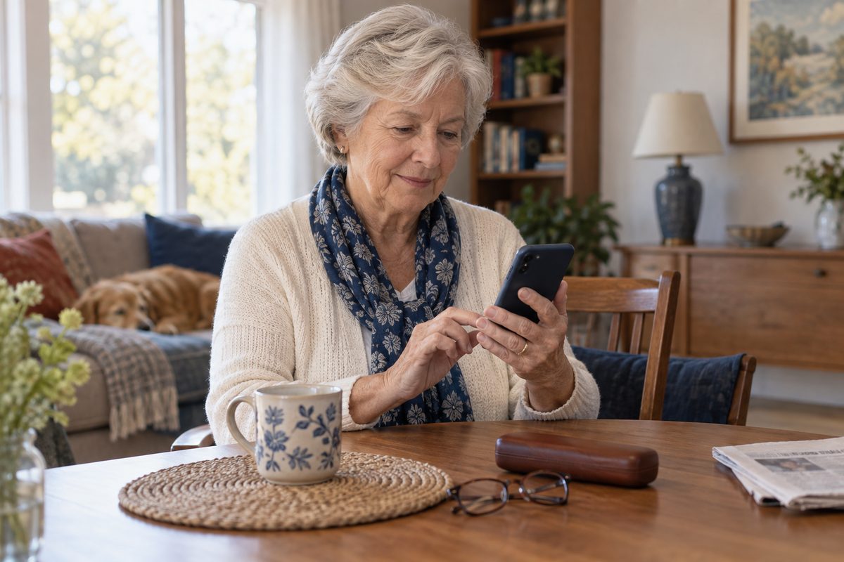 An older woman using her phone at a table at home.
