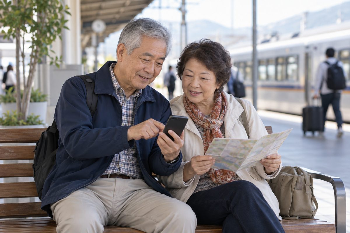 An older couple consult a phone and folded map on a station bench.