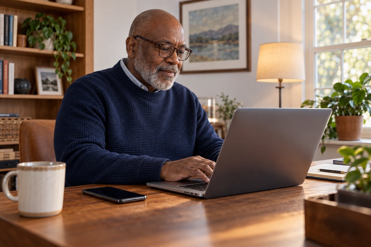 An older man uses a laptop at a table with his phone nearby.