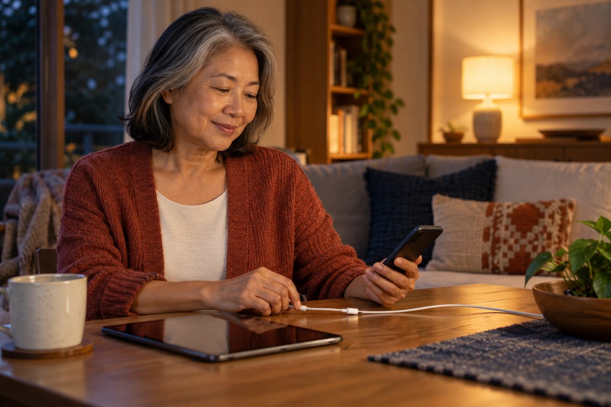 An older woman sets down a tablet beside a phone and charging cable.