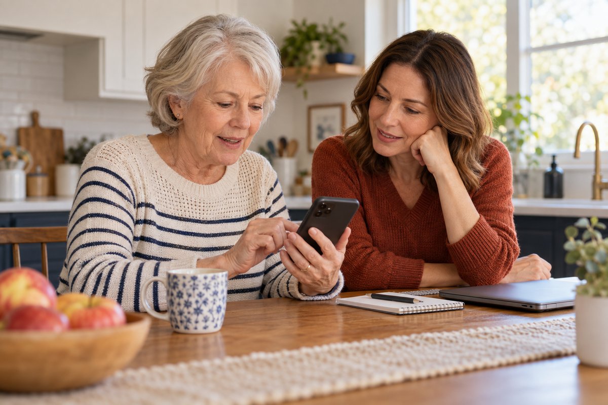 An older woman and her adult daughter sit beside a laptop and phone at a kitchen table.