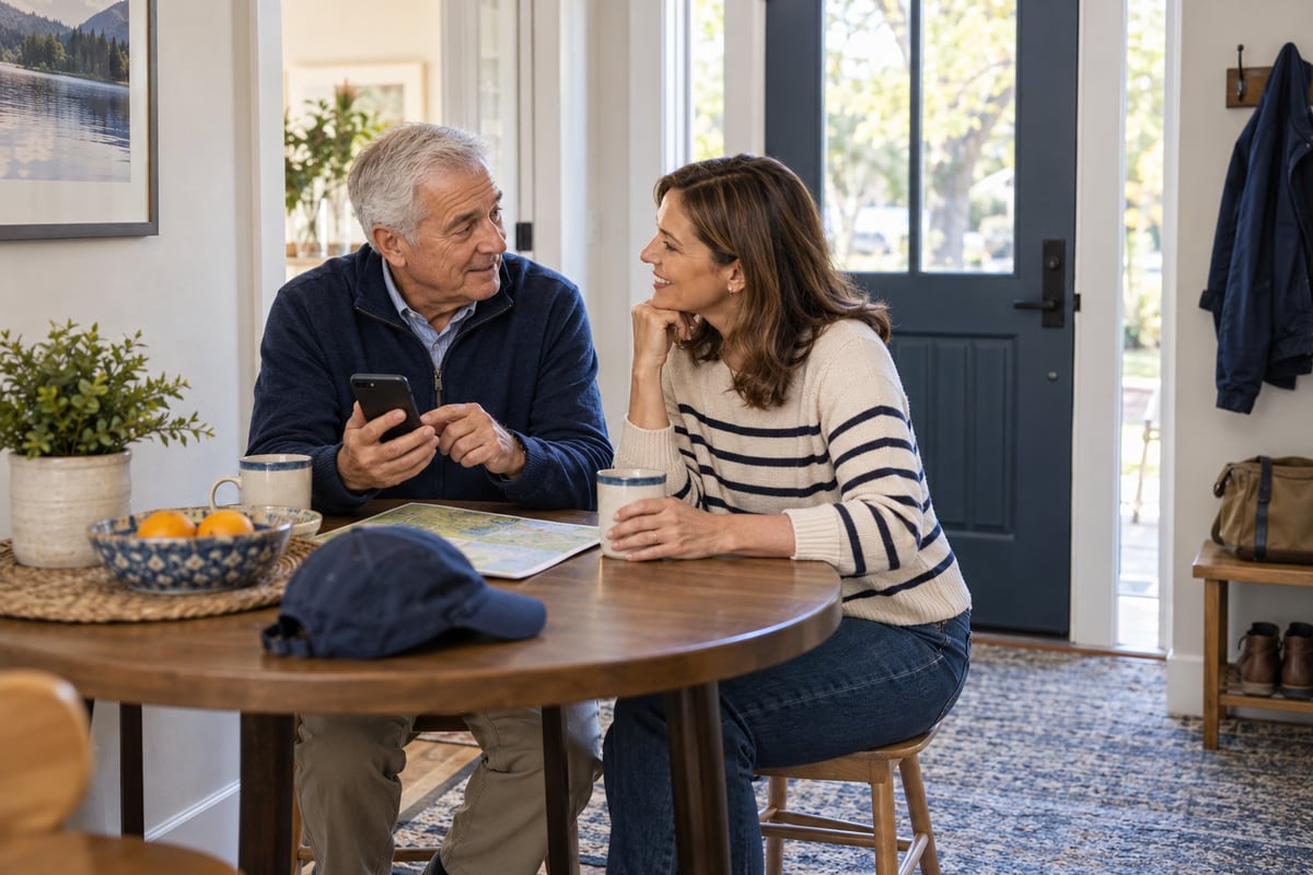 An older father holds a smartphone while talking with his adult daughter at a table beside the front door.