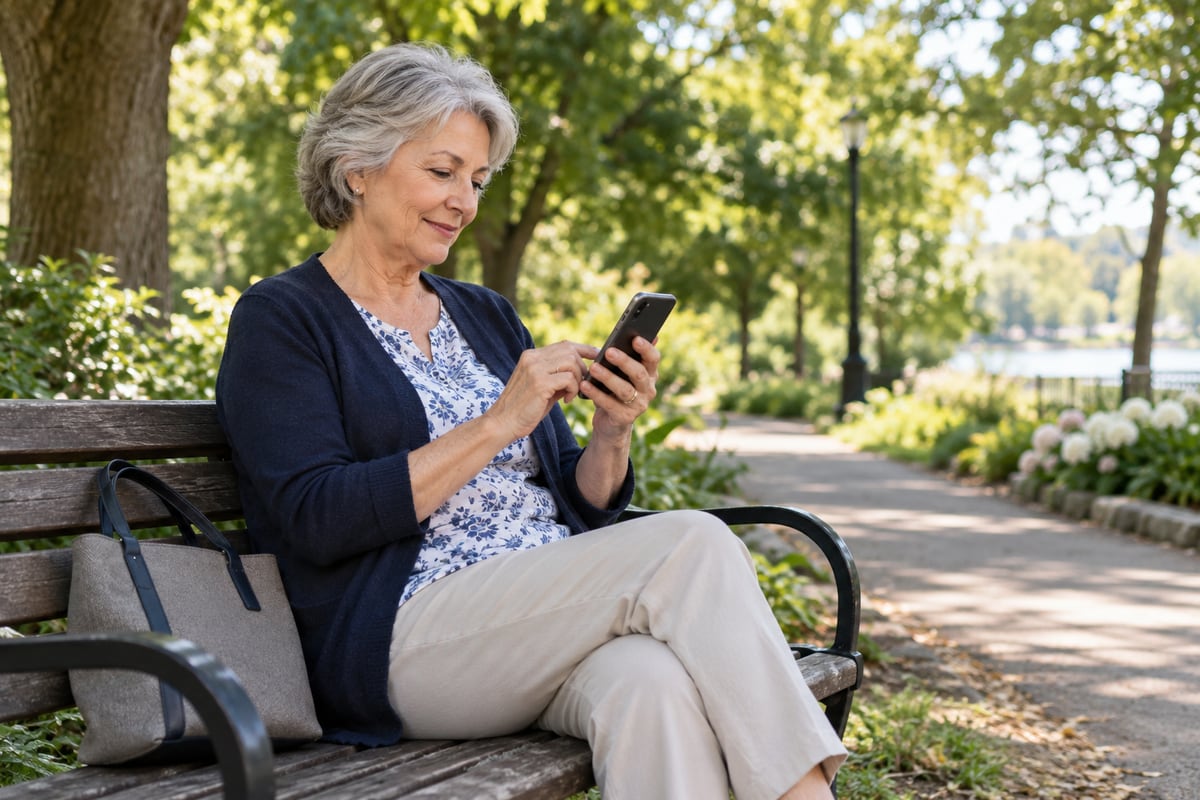 An older woman sits on a park bench and uses her smartphone.