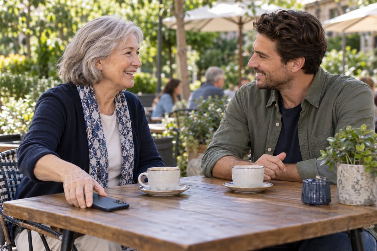 An older woman sets her phone face-down on an outdoor cafe table while talking with a younger man.