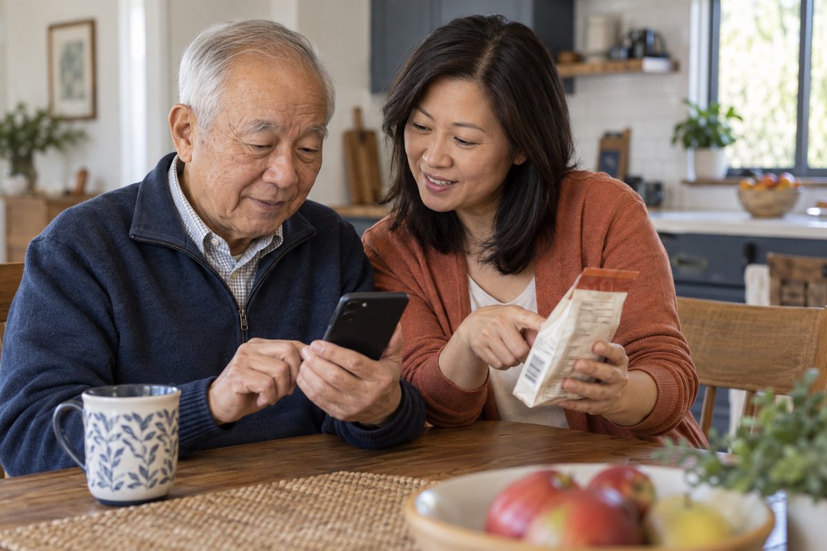 An older man holds his phone while a family member sits beside him with an ordinary package.