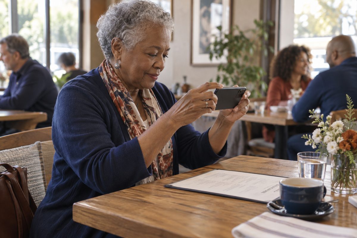 An older woman with a phone and printed menu at a cafe table.