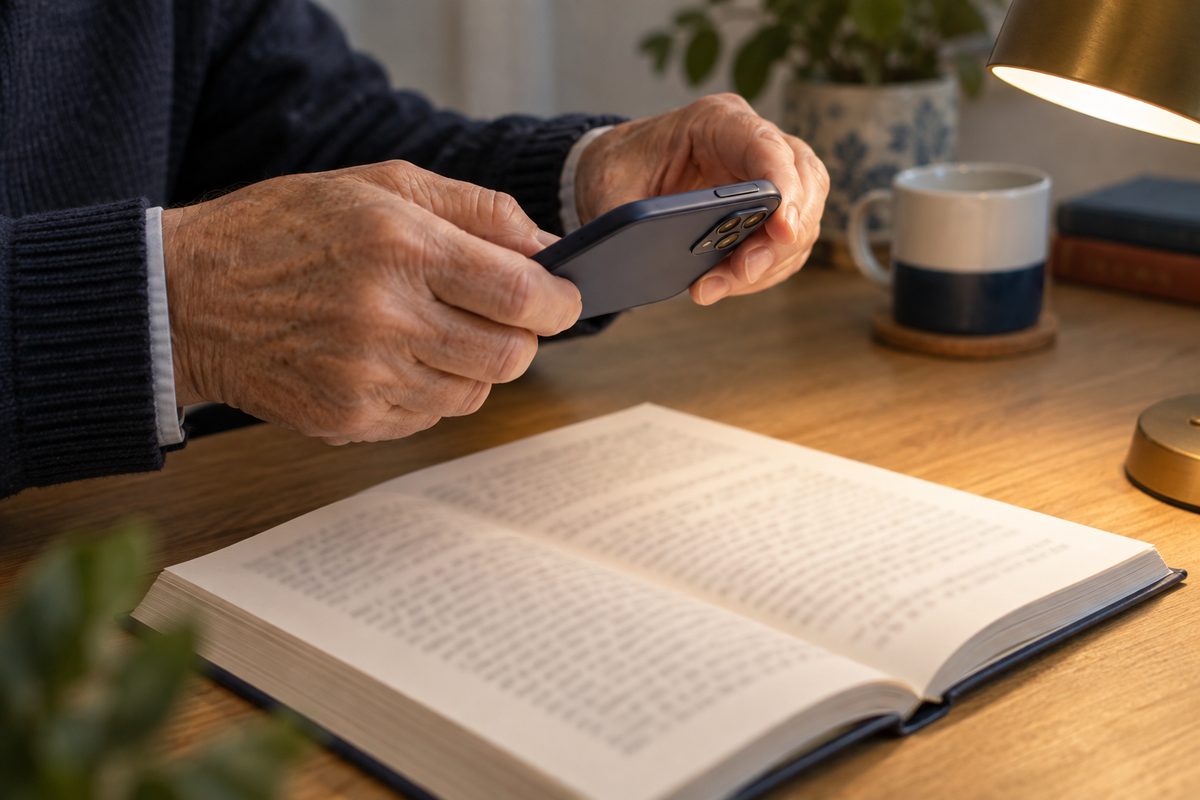 Older hands holding a phone above an open book beside a desk lamp.