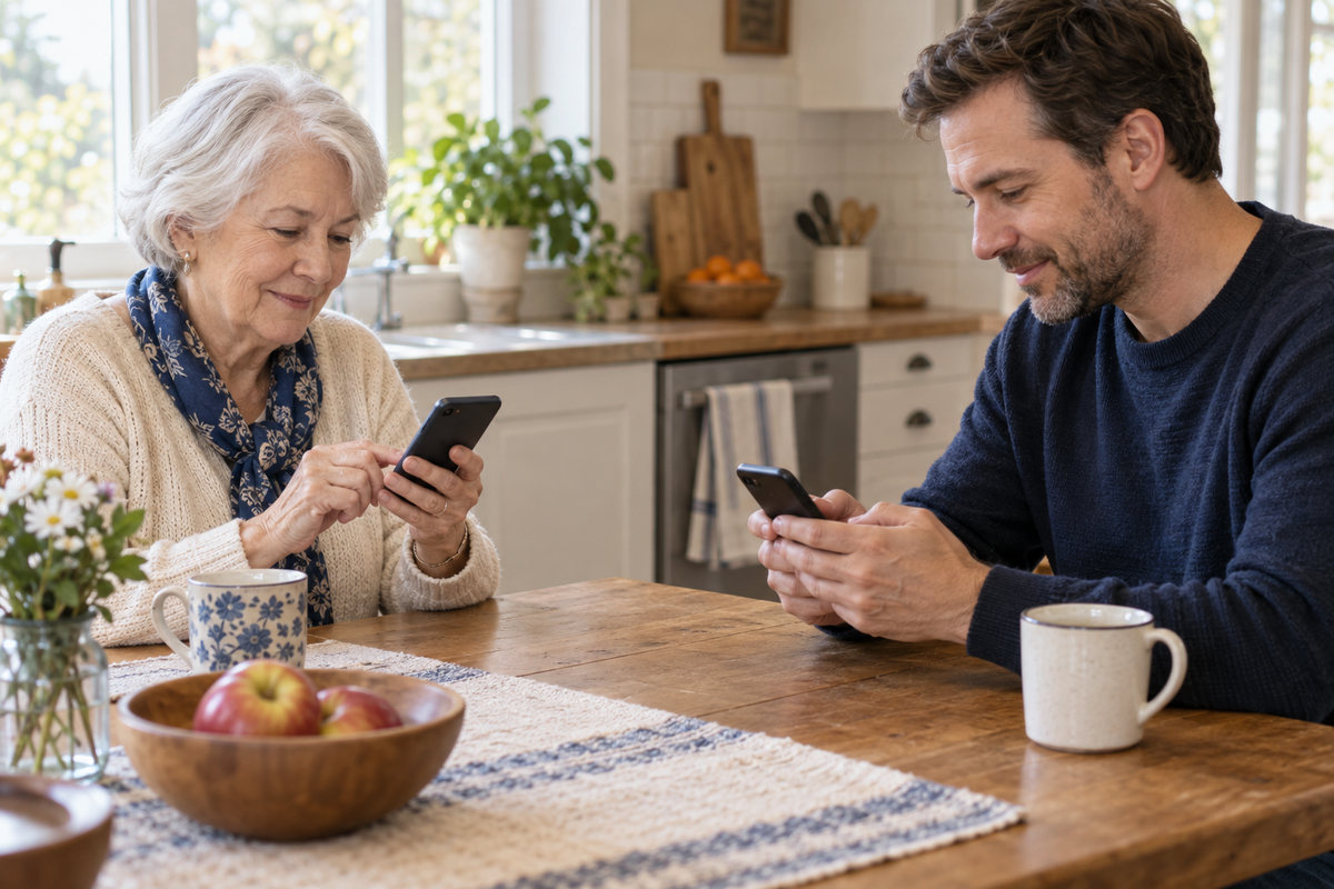 An older woman and an adult man sit across a kitchen table, each checking their own smartphone.