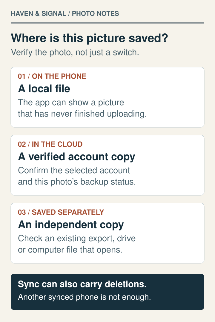 A photo visible on the phone, a verified cloud copy and a separately saved copy are three different things to check.