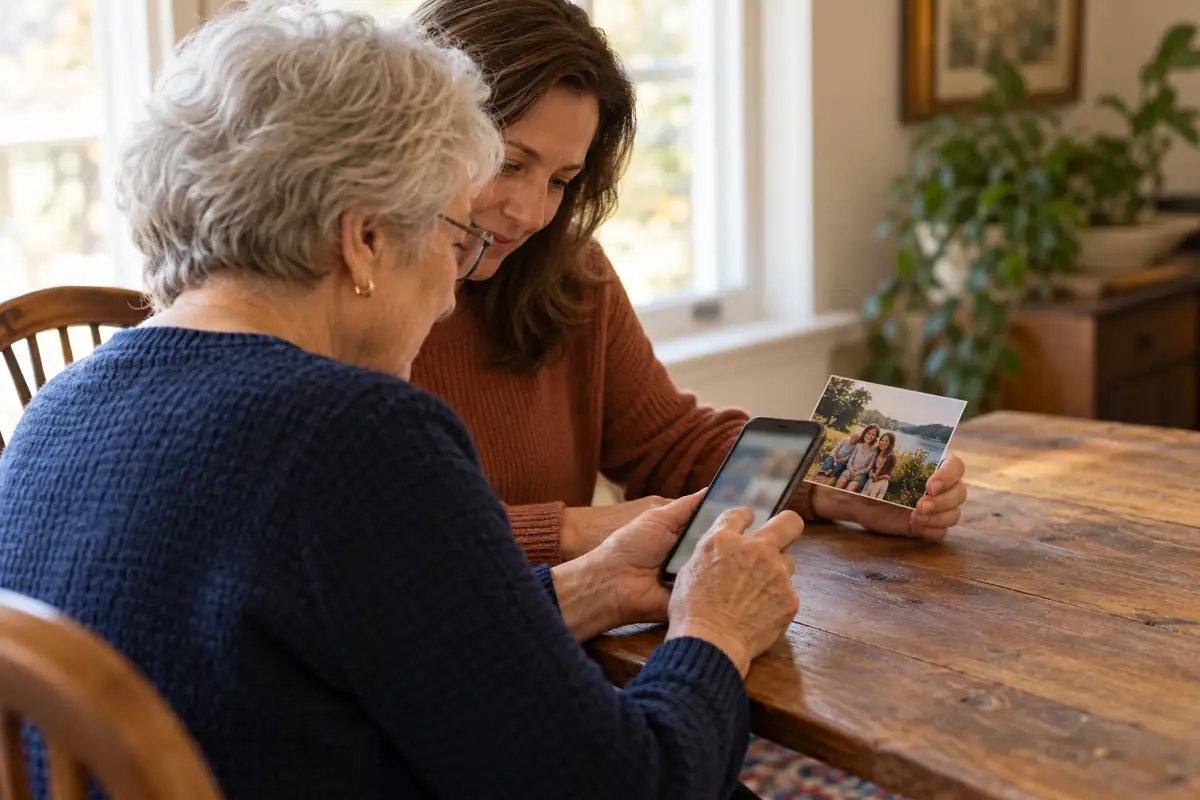 An older woman checks her phone with an adult family member while comparing a printed family photograph.