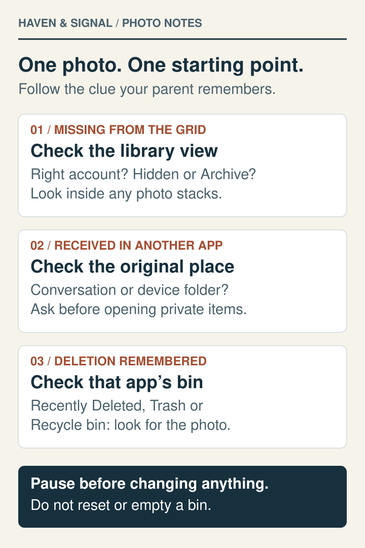 Three routes for a missing photo: check library views, check the original app or folder, or inspect the correct deleted-items area.