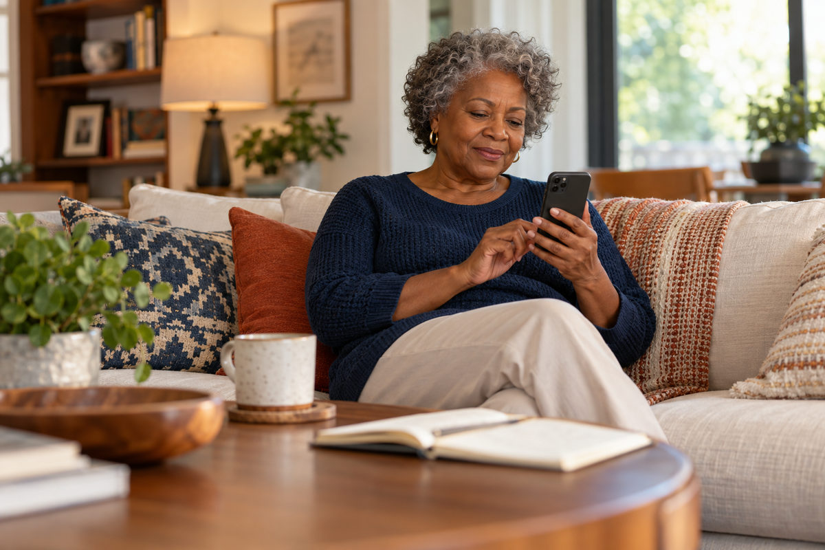 Older woman reviewing her phone on a sofa with a notebook nearby.