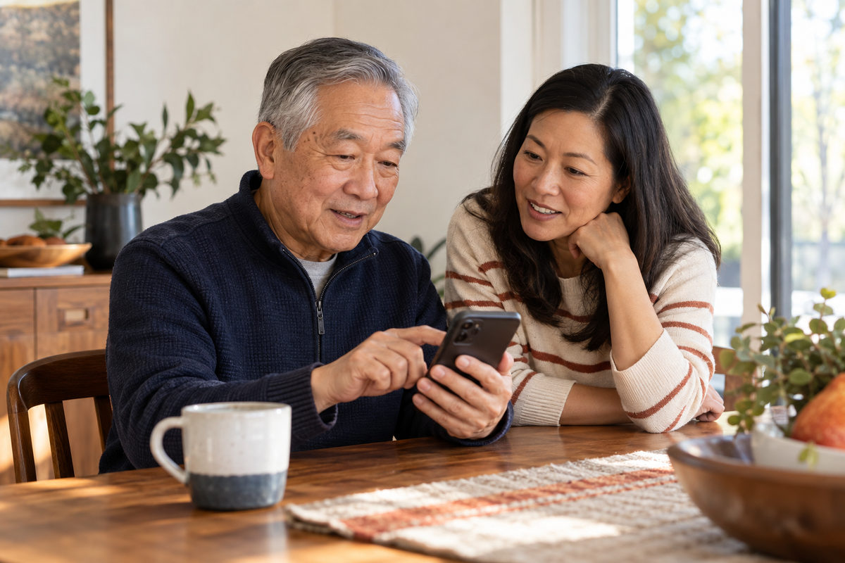 Older man using his phone while his adult daughter sits beside him.