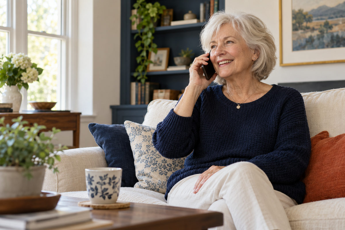 Older woman holding a smartphone to her ear during a call at home.