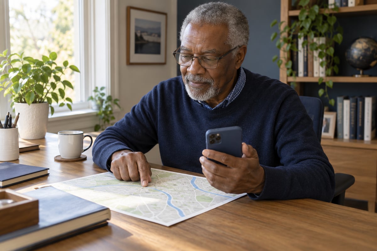 An older man sits at a home desk holding a phone beside a printed map.