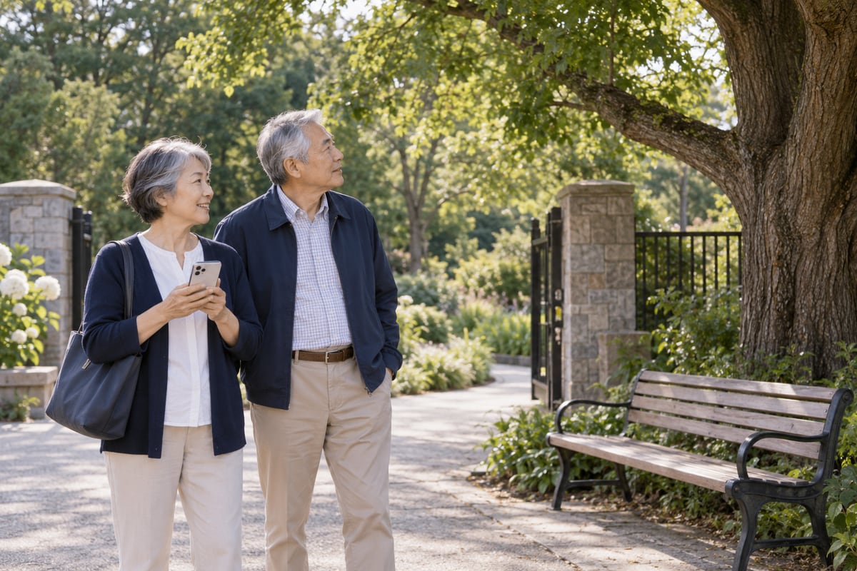 An older couple stands beside a park bench, with the woman holding a phone and the man looking toward a nearby tree.
