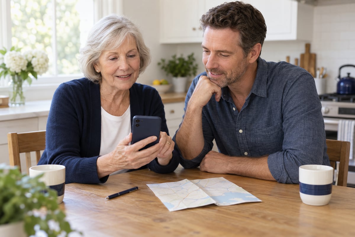 An older woman and an adult man sit at a kitchen table with a phone, a folded paper map and a pen.