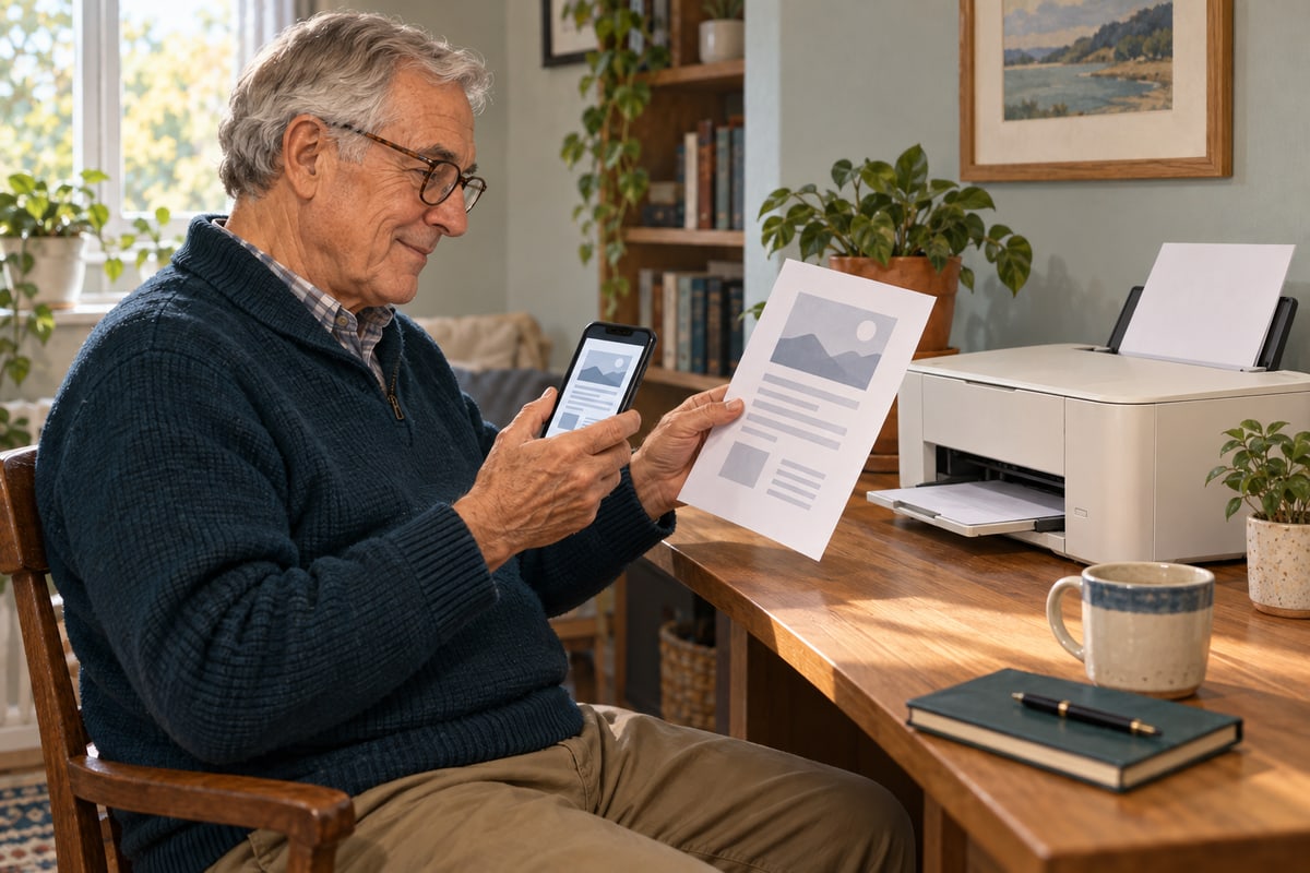 An older man compares a printed practice page with the document on his phone beside a home printer.