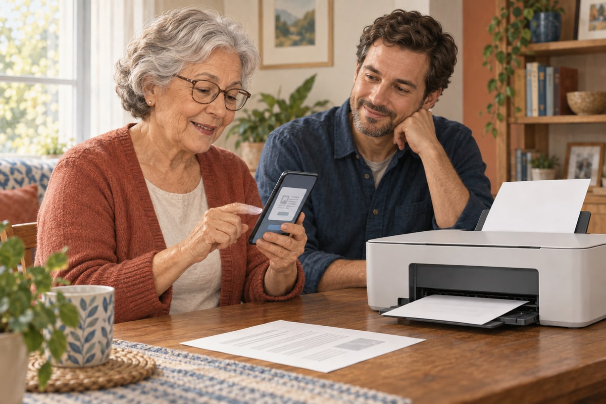 An older woman uses her phone beside a home printer while her adult son sits with her.