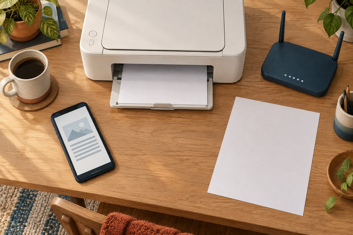 A smartphone, compact printer and Wi-Fi router arranged on a home desk.