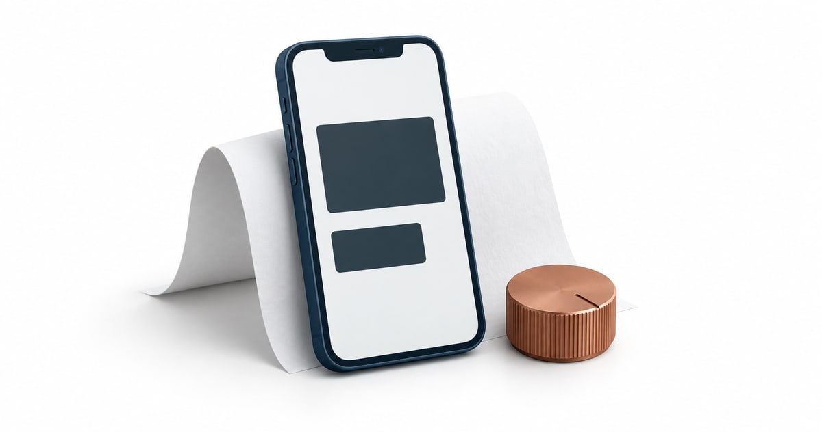 A conceptual phone with large message shapes beside an adjustment dial.