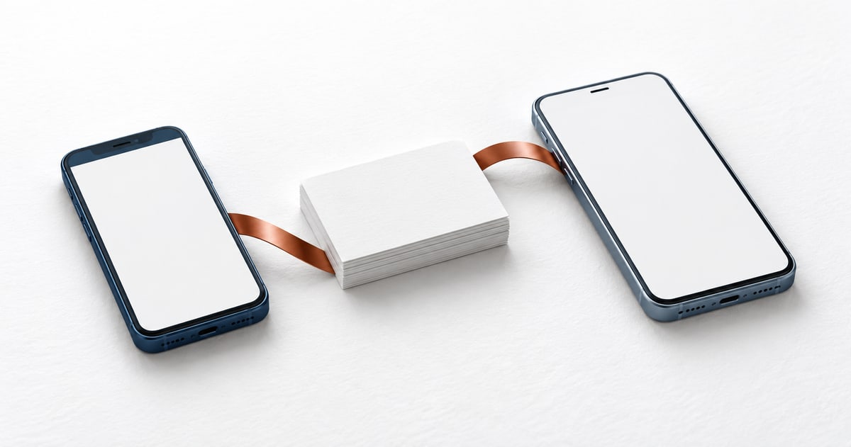 Two conceptual phones and a stack of blank cards connected by a copper ribbon.