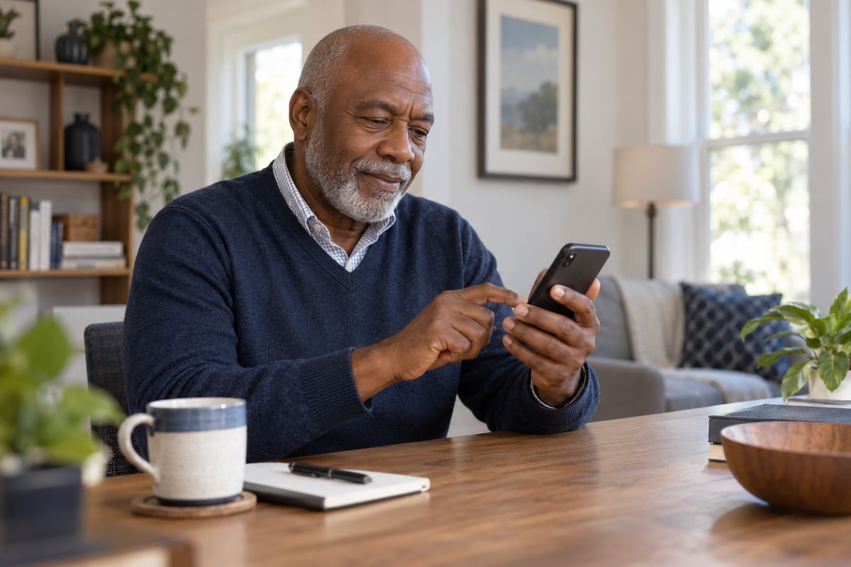 An older Black man uses a smartphone at a wooden desk, with its screen turned away from the viewer.