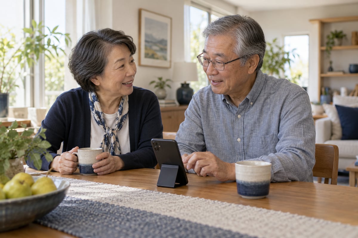 An older East Asian couple talk at a table beside a smartphone on a stand.