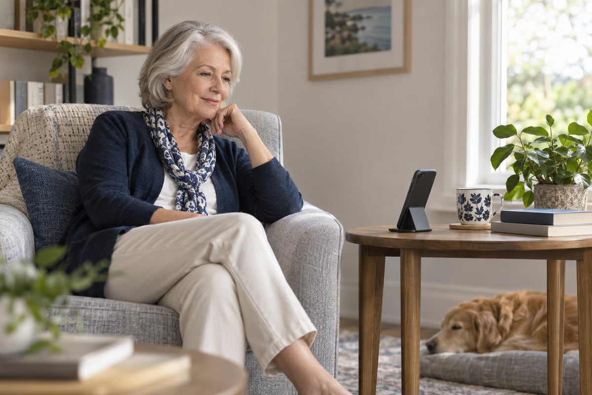 An older woman sits in a bright reading corner beside a smartphone on a small stand.
