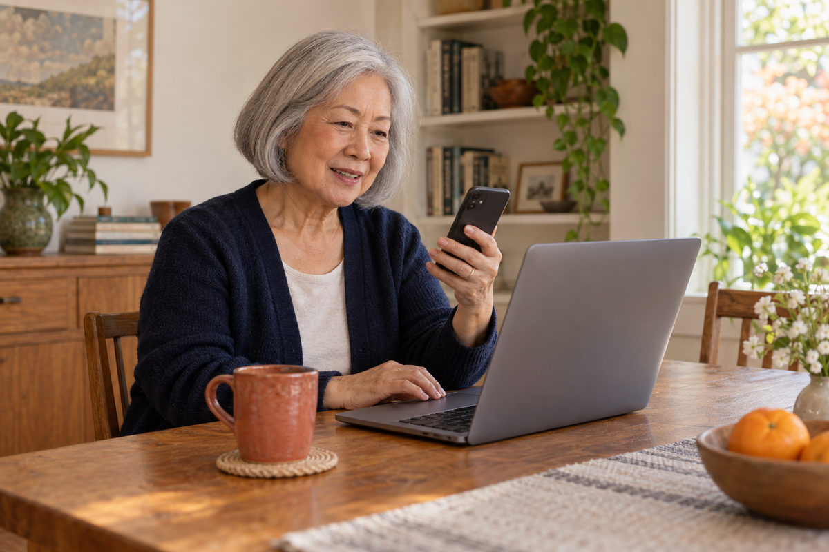 An older woman using her own phone beside an open laptop at a table.
