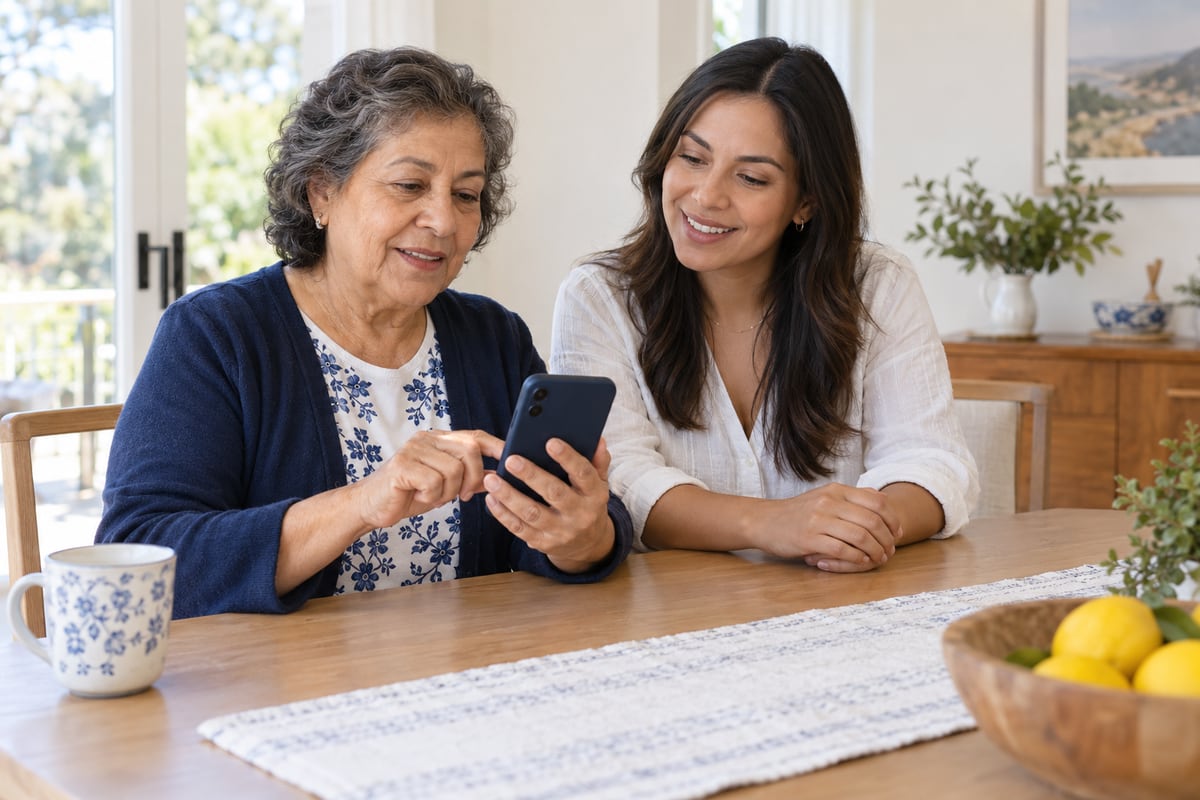 An older woman holds a phone at a table while an adult woman sits beside her with her hands resting on the table.