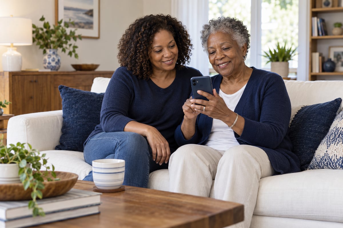 An older woman and an adult woman sit together on a couch looking at a phone held by the older woman.
