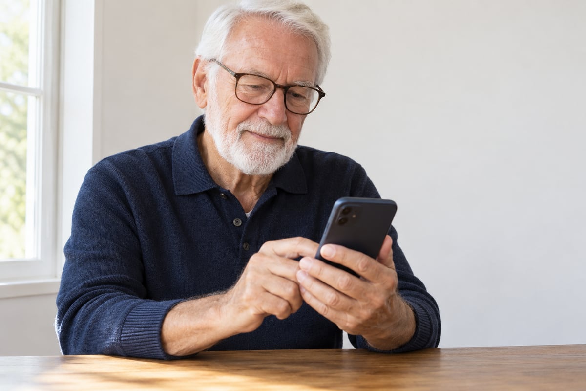 An older man with a white beard and glasses sits at a wooden table holding a phone.