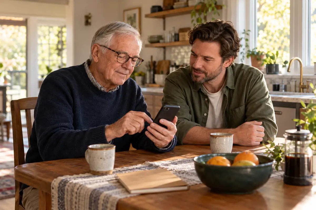 An older man reviews his smartphone with an adult family member at a kitchen table.