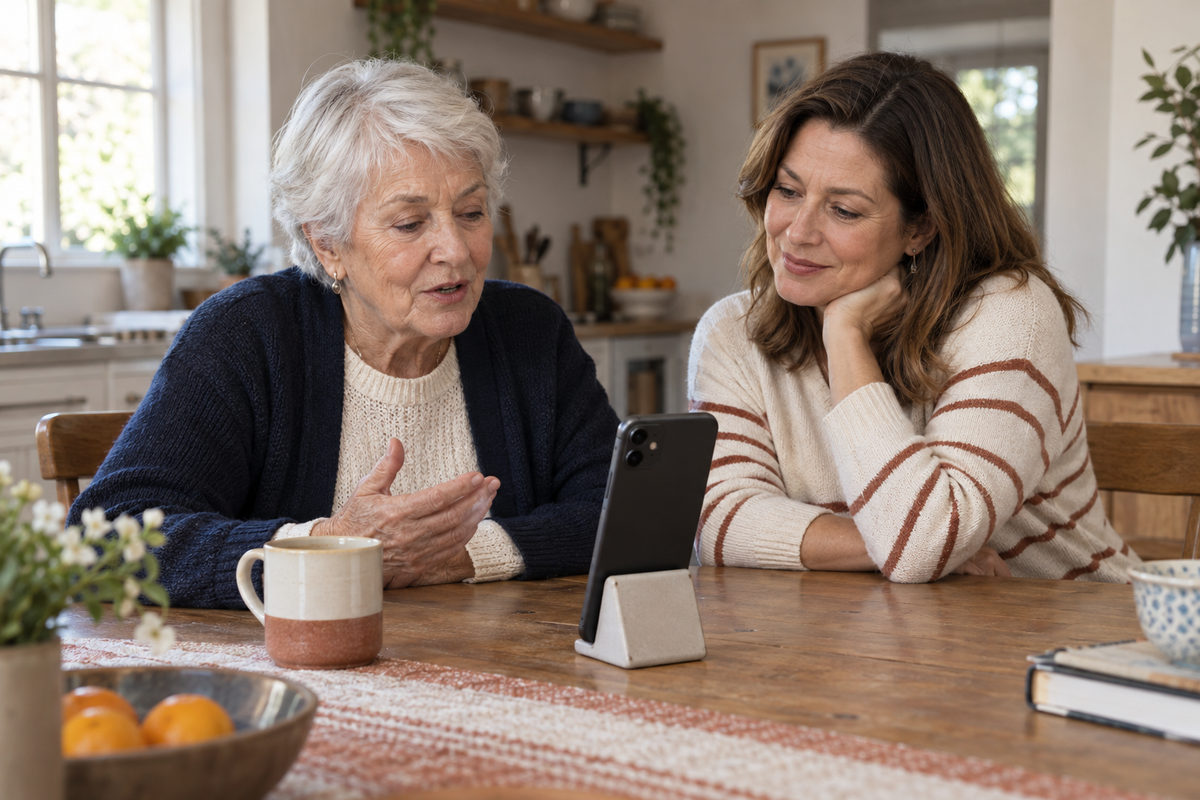 An older woman speaking toward a phone on a stand while a family member sits beside her.