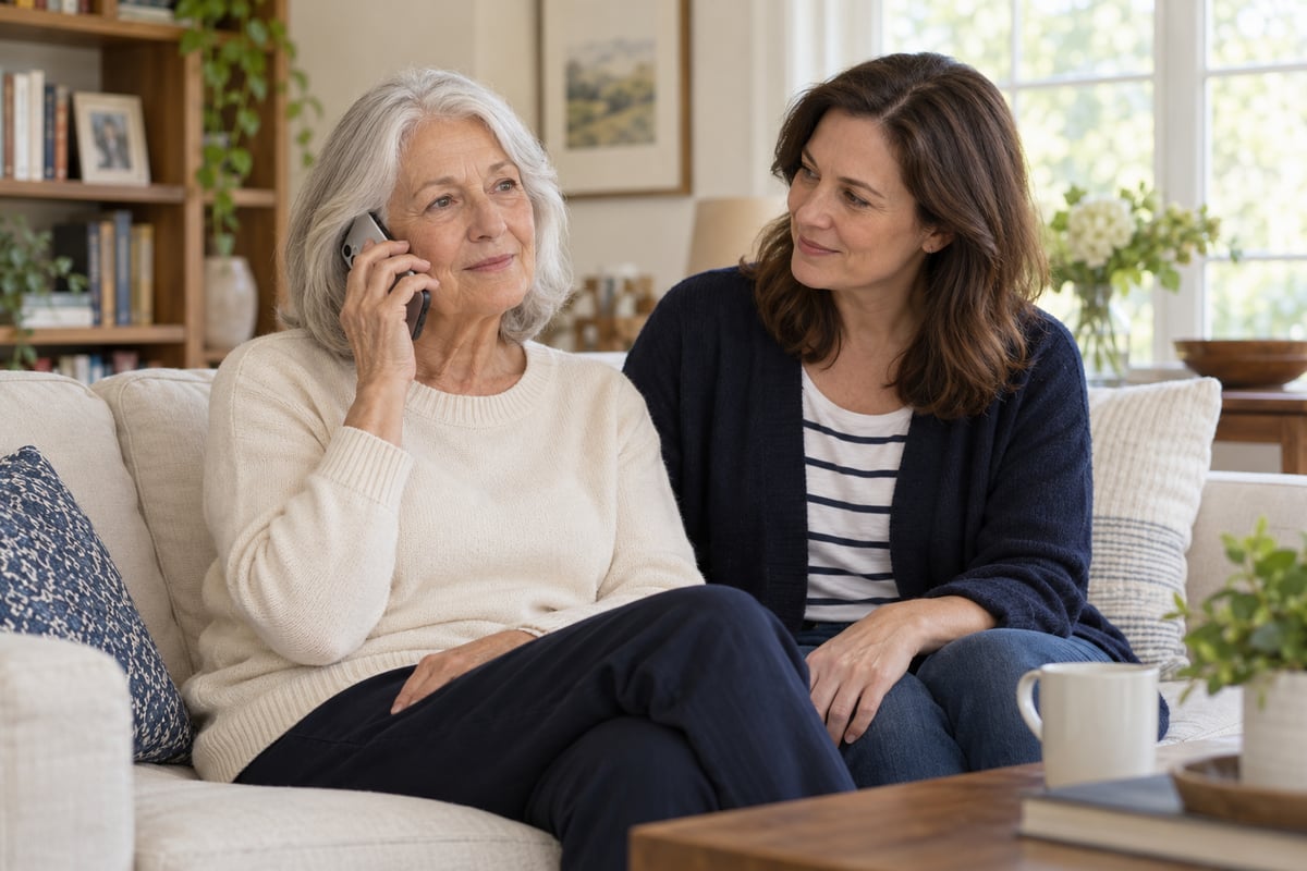 An older woman listens to her smartphone while her adult daughter sits beside her.