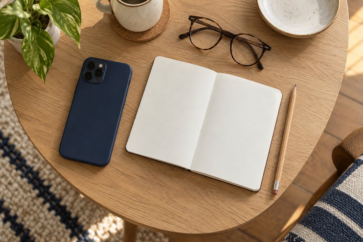 A smartphone, blank notebook, pencil and reading glasses arranged on a wooden side table.