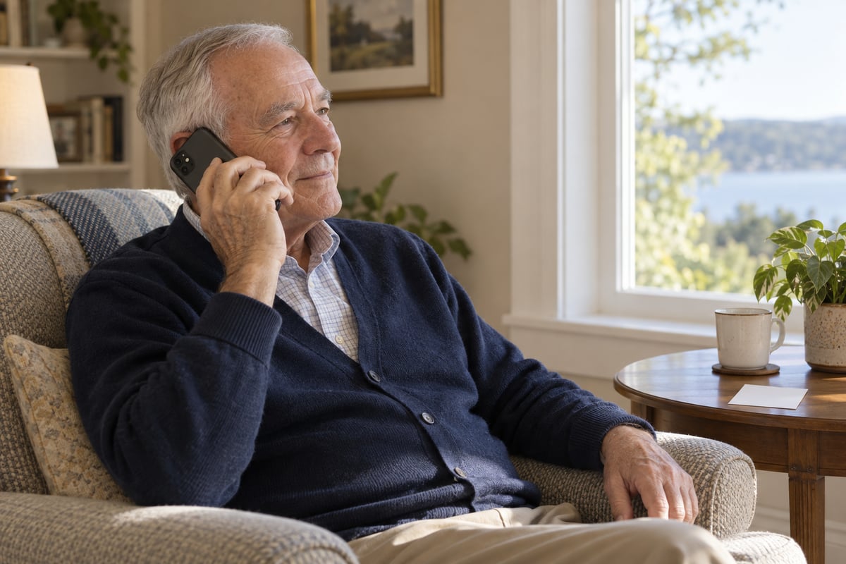 An older man listens to his smartphone beside a window, with a blank reminder card on the nearby table.